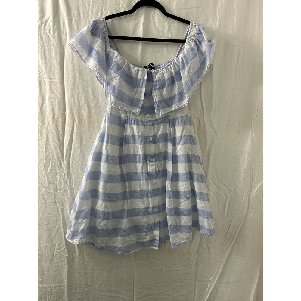 Lulu's Blue & White Stripe Off-the-Shoulder Mini Shift Dress Womens Size L